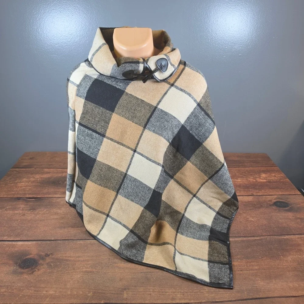 Plaid Poncho Women OS Brown Good Toggle Faux Leather Trim Wrap